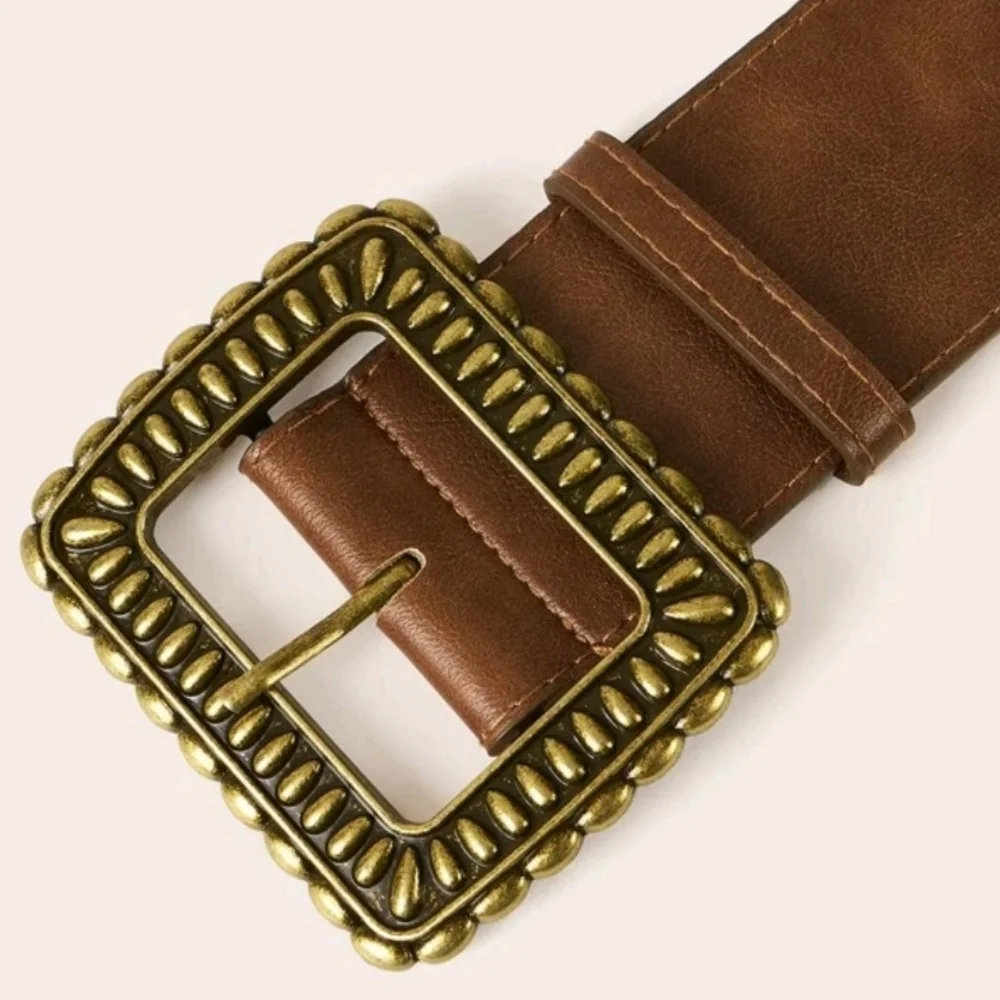 Wide brown vegan leather boho chic vintage big bronze buckle waist belt - Picture 6 of 15